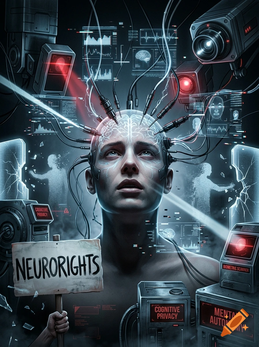 A person with cables connected to their brain, surrounded by surveillance cameras and digital screens displaying biometric data, in a sci-fi digital illustration style.
