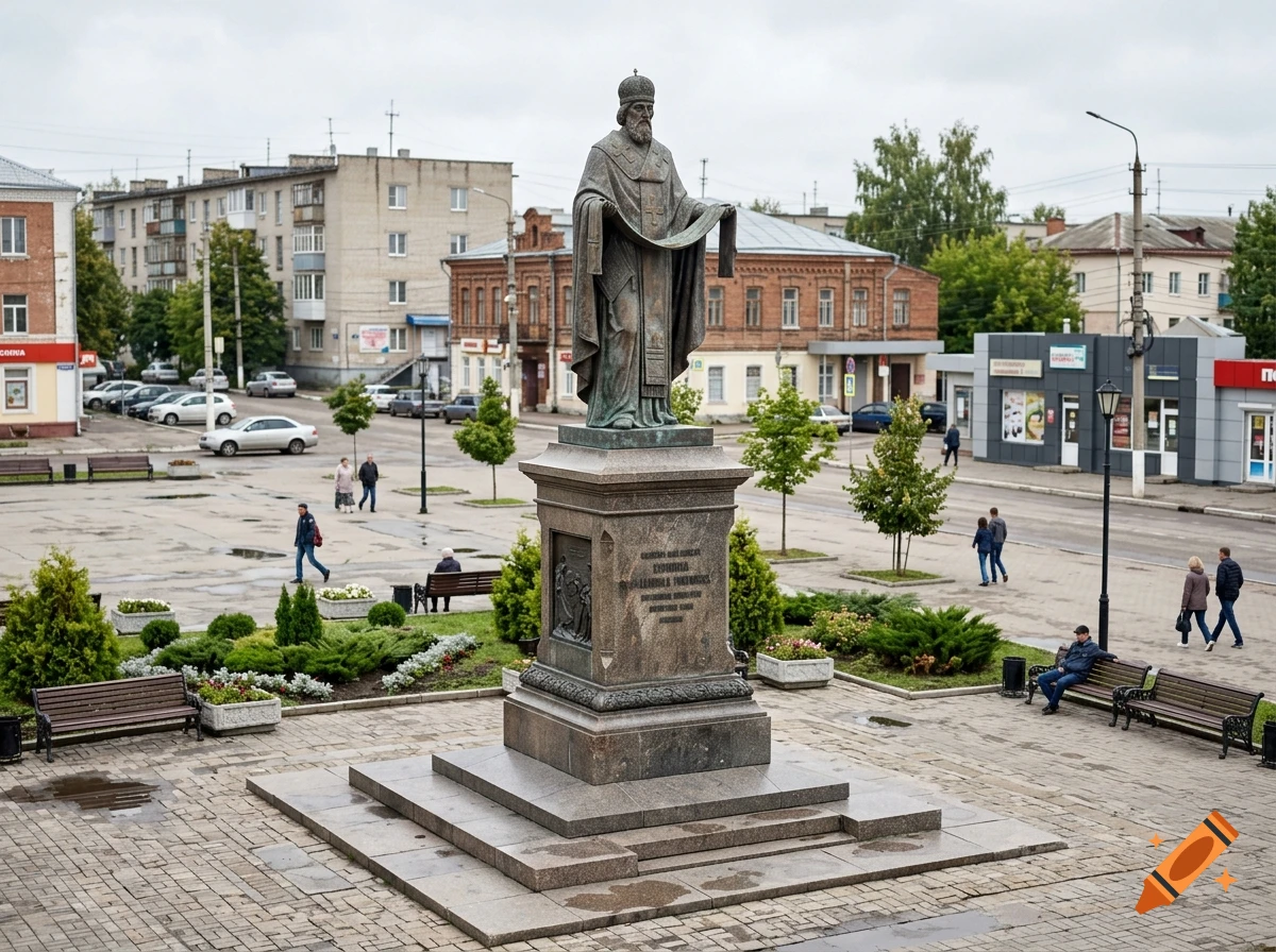 Photorealistic view of a bronze monument of a bishop standing on a stone pedestal in a city square surrounded by buildings and people.