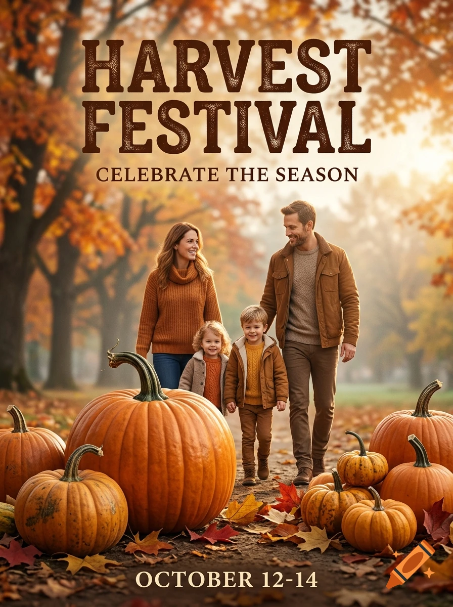 Photorealistic poster of a family walking among pumpkins in a park during autumn, with bold text reading Harvest Festival.