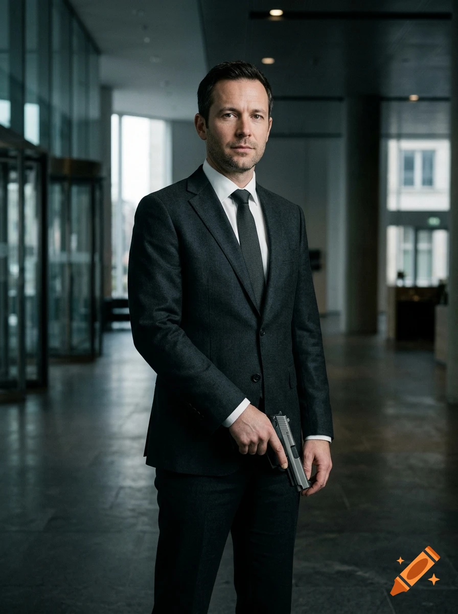 Photorealistic medium shot of a man in a dark suit holding a gun in a modern corporate hallway.