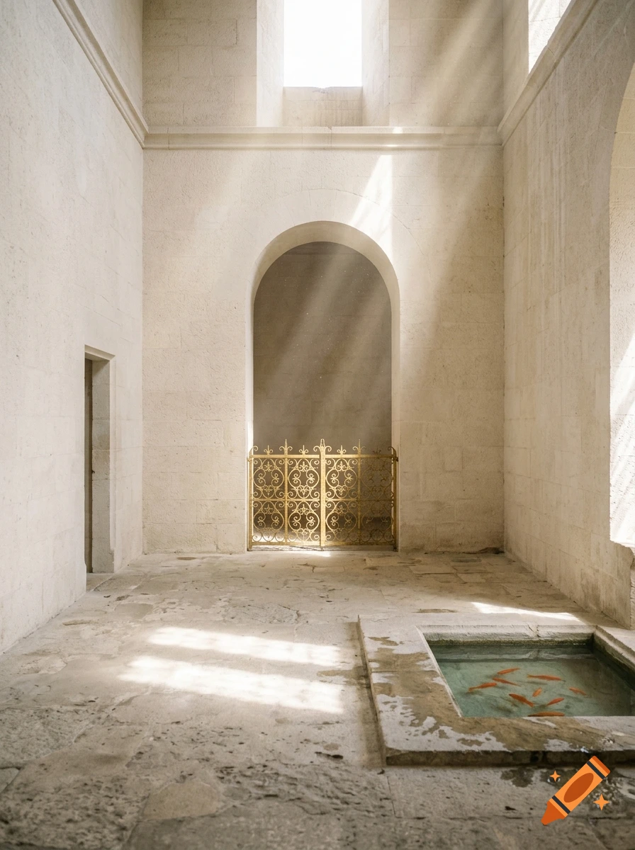 Photorealistic image of a medieval stone room with sunbeams, a golden gate, and a small pool with goldfish.