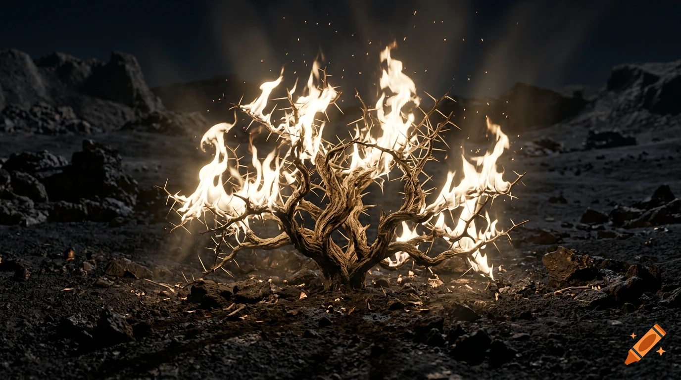 Photorealistic cinematic epic scene of an ancient thornbush engulfed in supernatural white-gold flames in a dark volcanic desert.