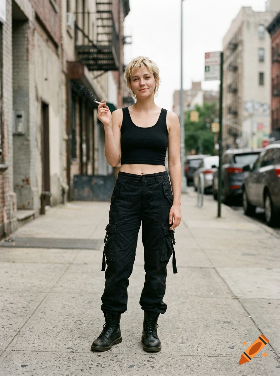A young woman with short blonde hair wearing a black crop top and cargo pants stands on a city sidewalk, smoking a cigarette.