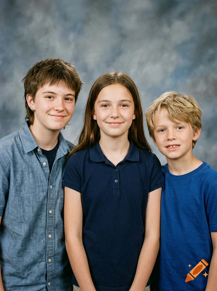 Photorealistic portrait of three young siblings posing together against a mottled grey backdrop.