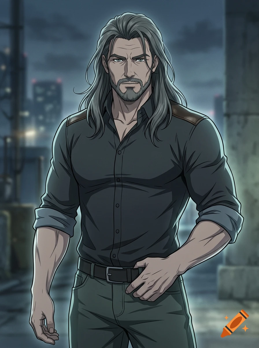 Anime style digital illustration of a man in his 40s with long gray hair and a black button-up shirt standing outdoors.