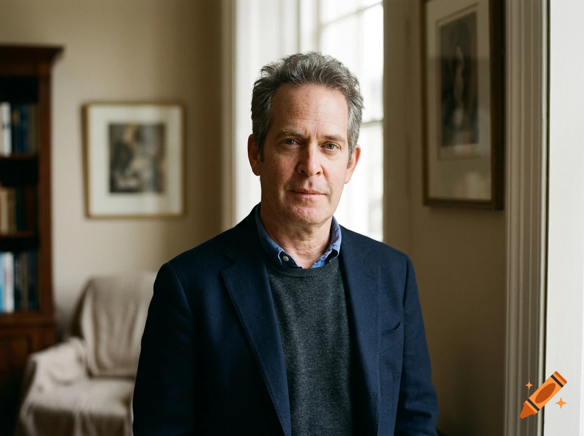 Photorealistic portrait of a middle-aged man with short grey hair, wearing a dark blue blazer and sweater, standing in a room with a window and framed art.