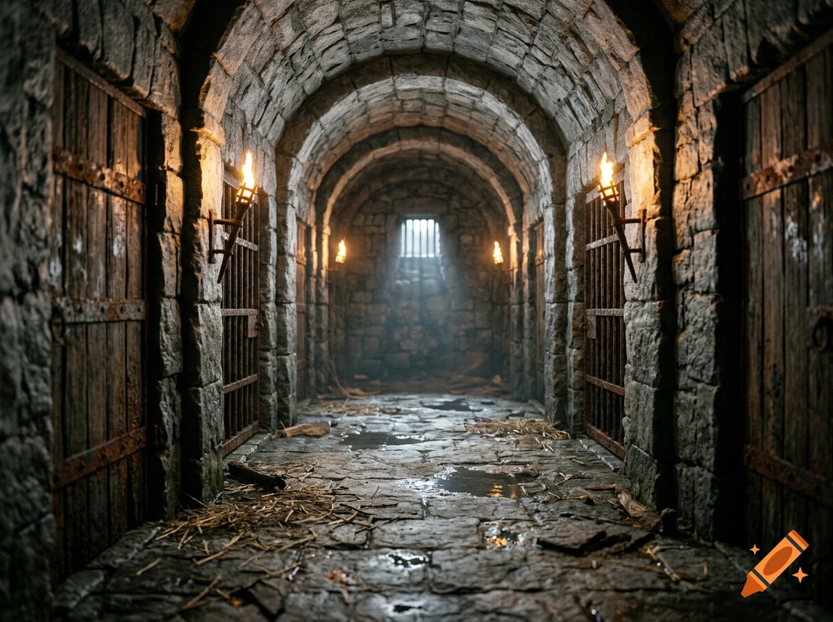 A dimly lit stone dungeon hallway with arched ceilings, wooden doors, and lit torches.