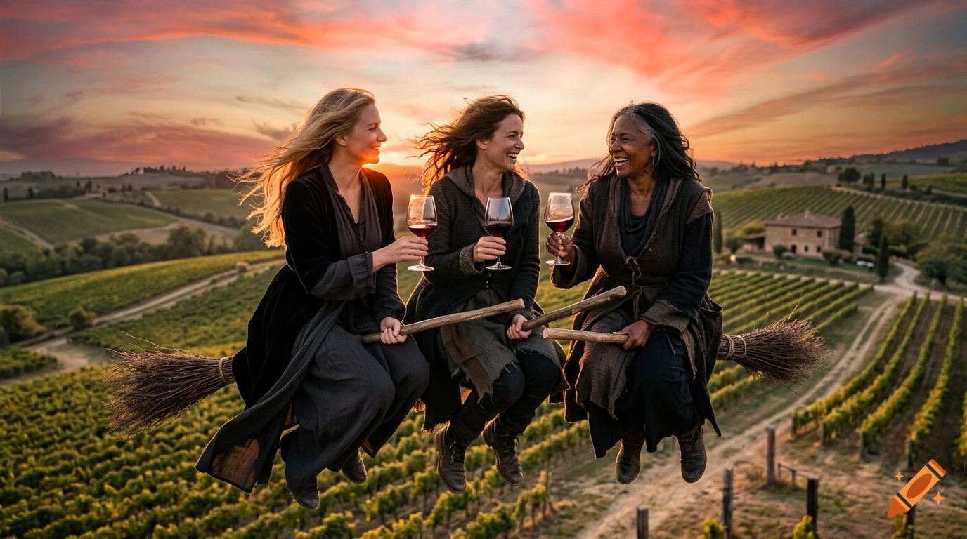 Photorealistic image of three diverse witches flying on a broomstick over a vineyard at sunset, holding glasses of red wine.