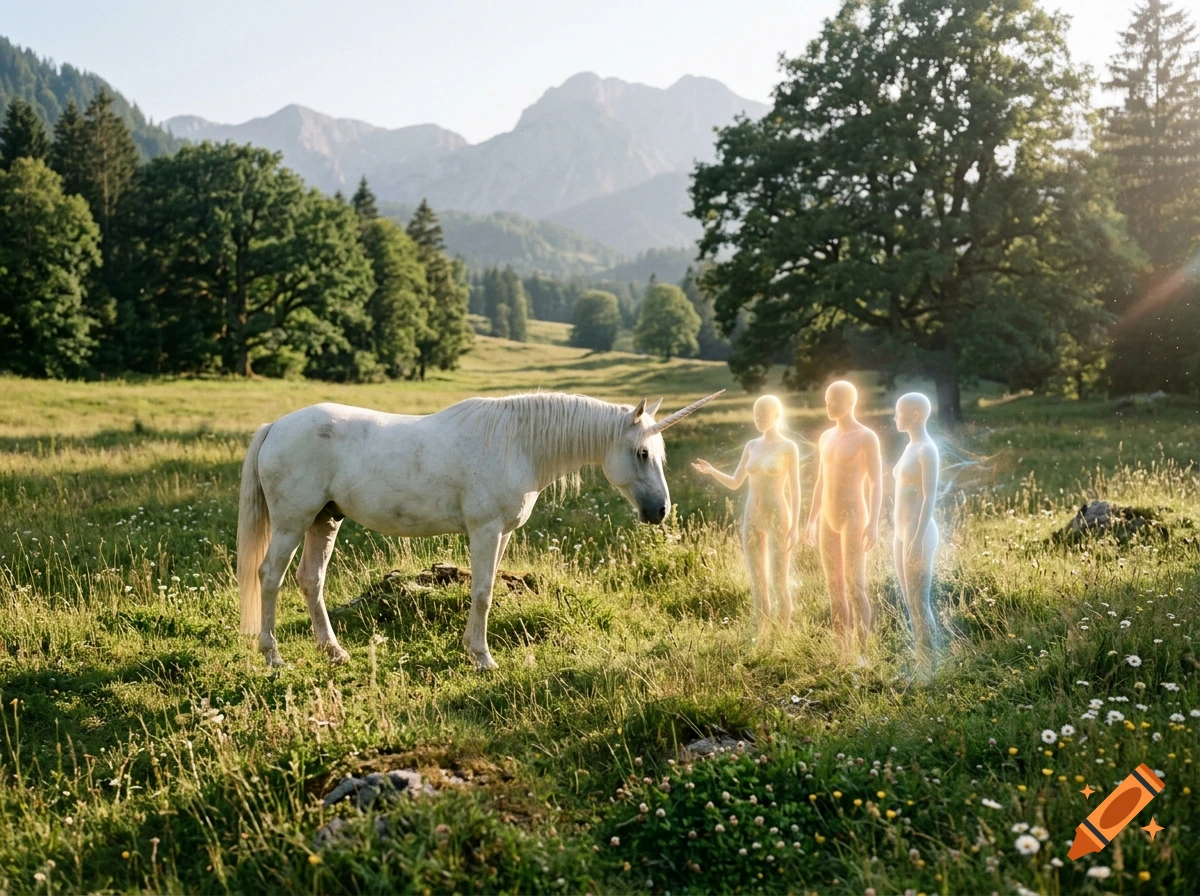 Photorealistic image of a white unicorn standing in a lush green meadow facing three luminous ethereal humanoid light beings against a mountain and forest backdrop.