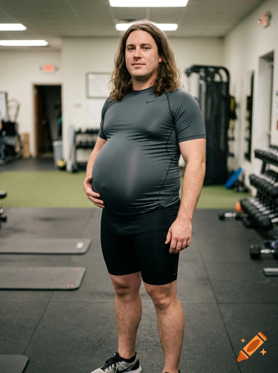 A person with long brown hair wearing a gray t-shirt and black shorts stands in a gym, cradling a large pregnant belly.