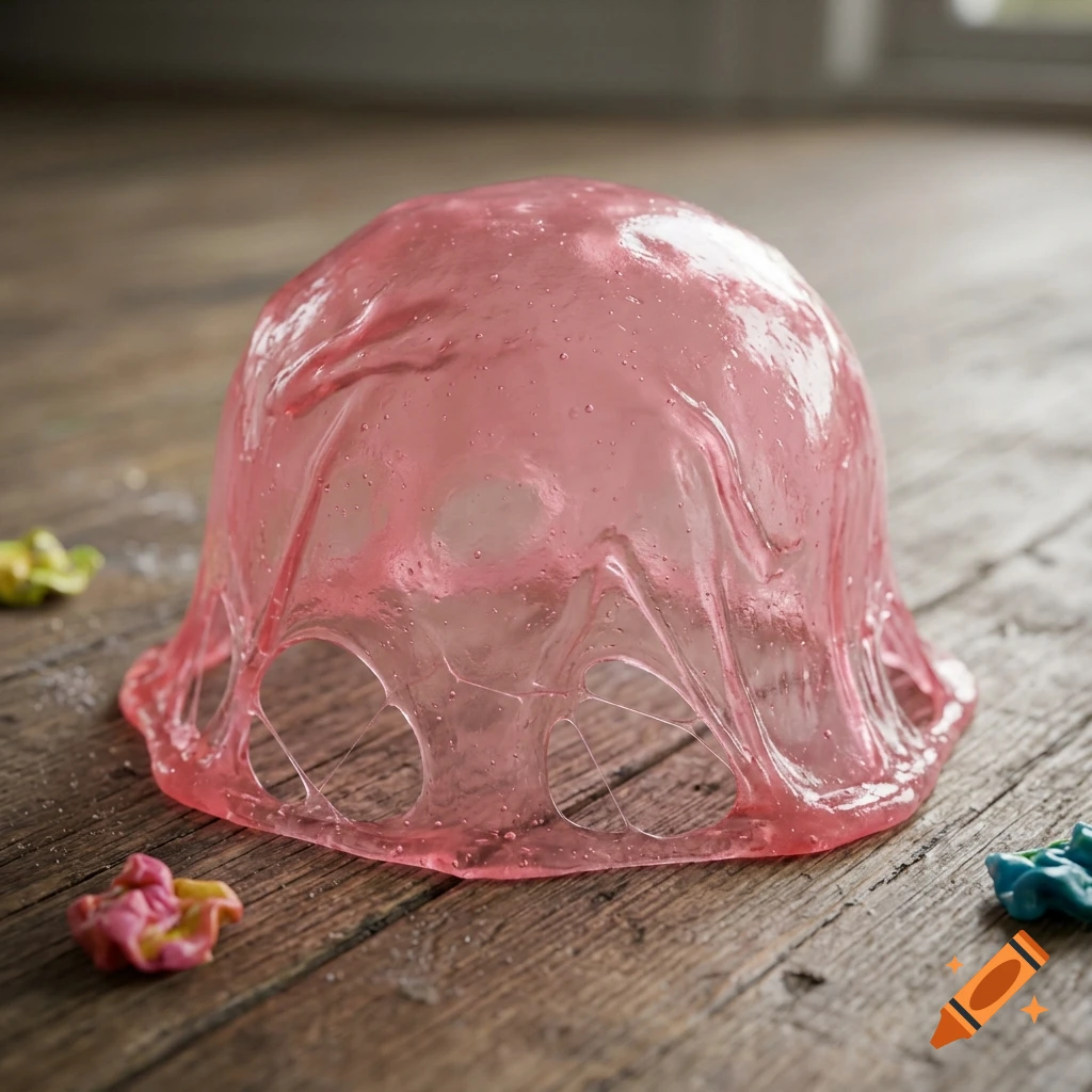 Photorealistic pink bubble gum dome shaped trap stretched over a wooden surface with small discarded pieces of gum around it.