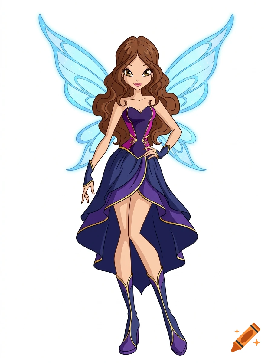 Full-body artwork of a fairy with brown curly hair, blue wings, and a purple dress in Winx Club art style against a white background.