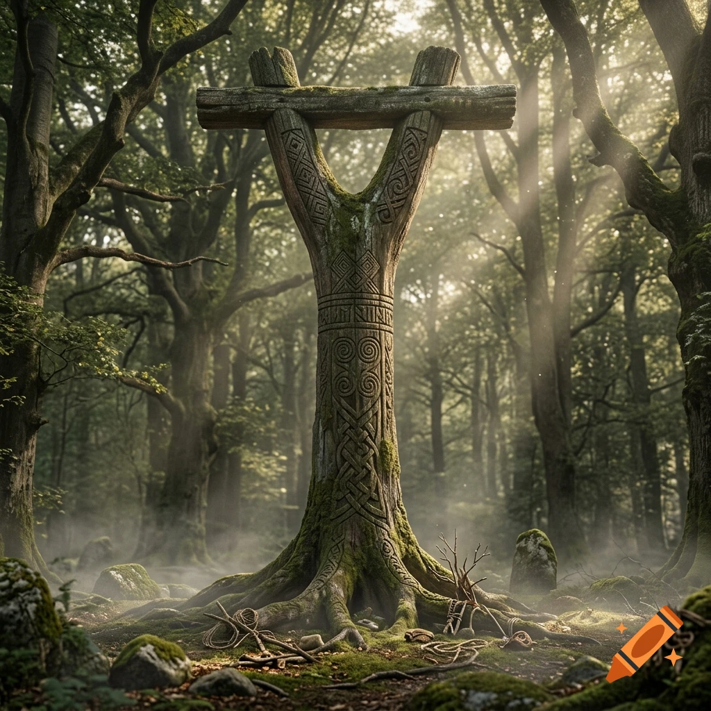 Photorealistic image of a large wooden Irminsul pillar carved with runes in a misty, sunlit forest.