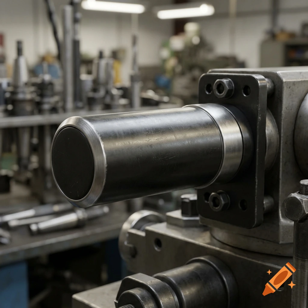 Close-up of a metal cylinder handle on industrial machinery inside a workshop.