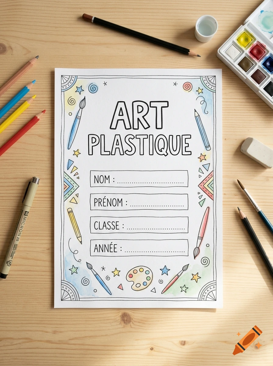 An illustrated art class cover page on a wooden desk surrounded by watercolor paints, pencils, and brushes.