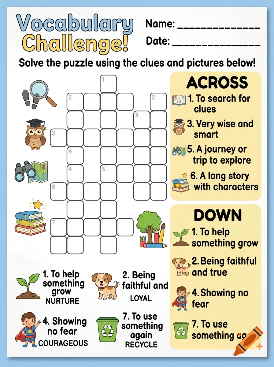 Children's vocabulary challenge crossword puzzle worksheet with colorful illustrations and clues.