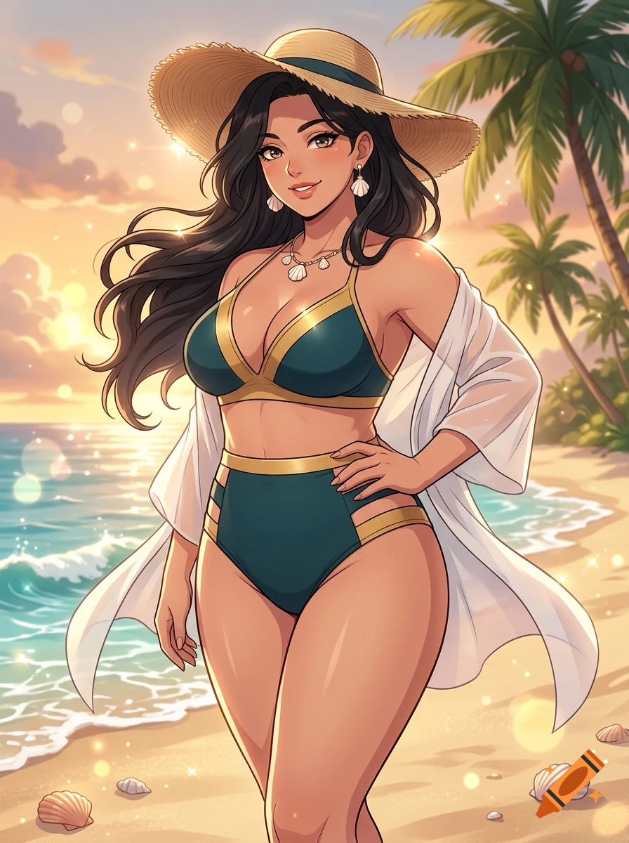 Anime style illustration of a smiling woman in a teal bikini and sun hat standing on a beach at sunset with palm trees.