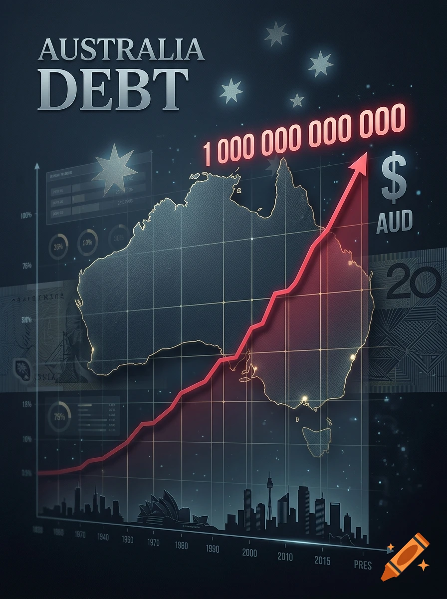 Digital infographic showing Australia debt with a rising red graph and map.
