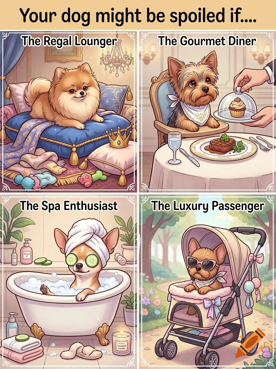 Four-panel cartoon illustration showing spoiled small dogs in luxurious settings, with the caption Your dog might be spoiled if....