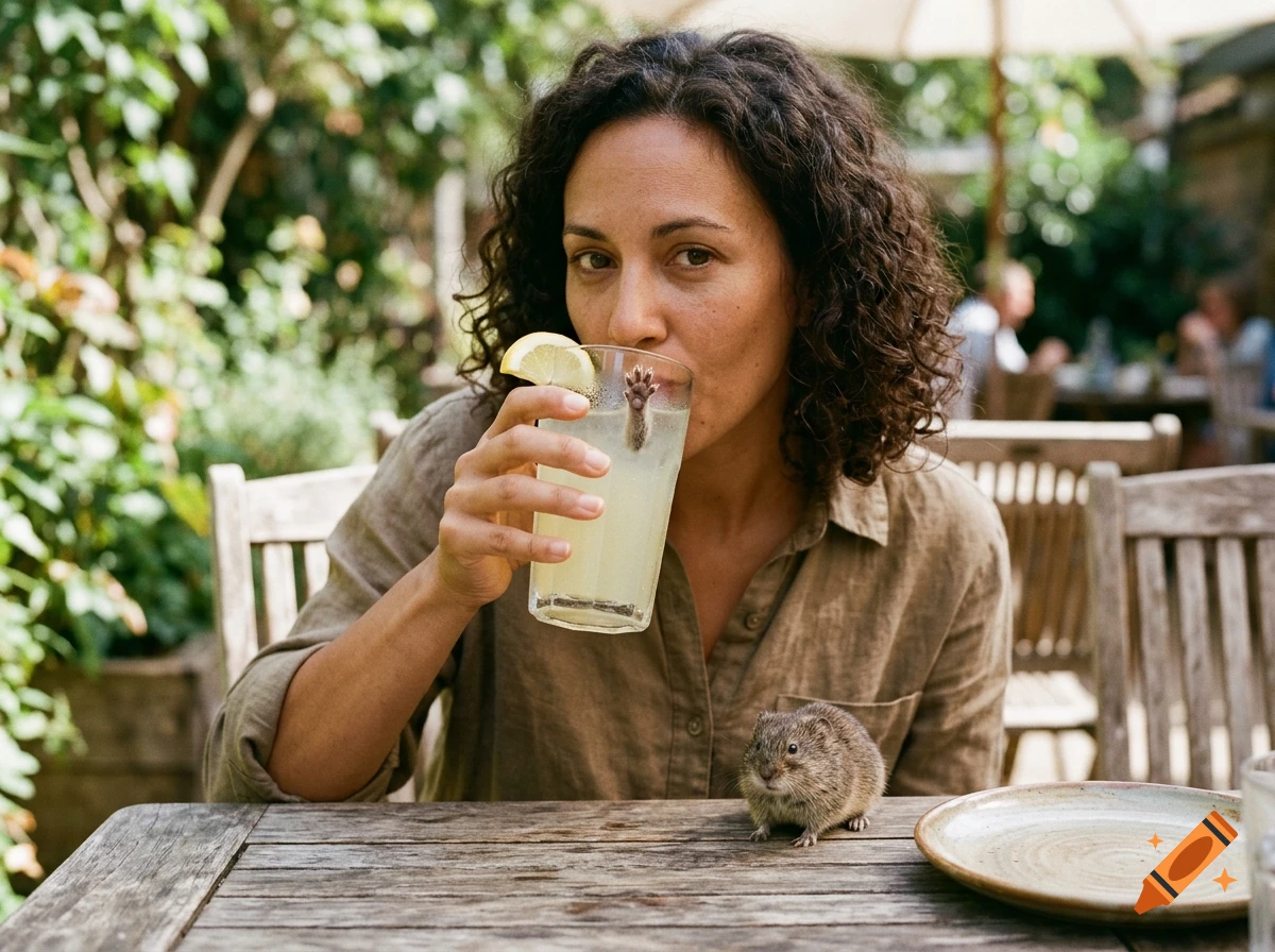 A woman with dark curly hair sits outdoors at a wooden table, drinking from a glass of lemonade garnished with a lemon slice, while a small rodent sits on the table.