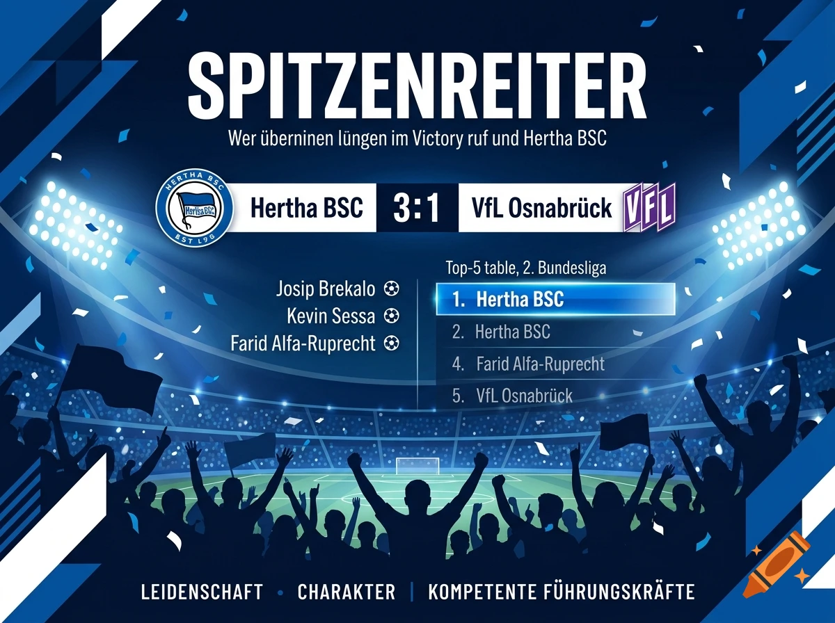 A football match score graphic featuring Hertha BSC versus VfL Osnabrück with a final score of 3:1.