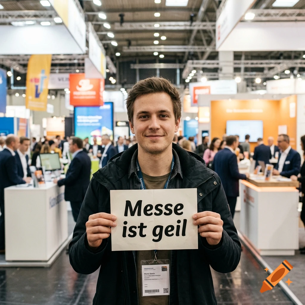Photorealistic image of a young man holding a sign reading Messe ist geil at a crowded trade fair.