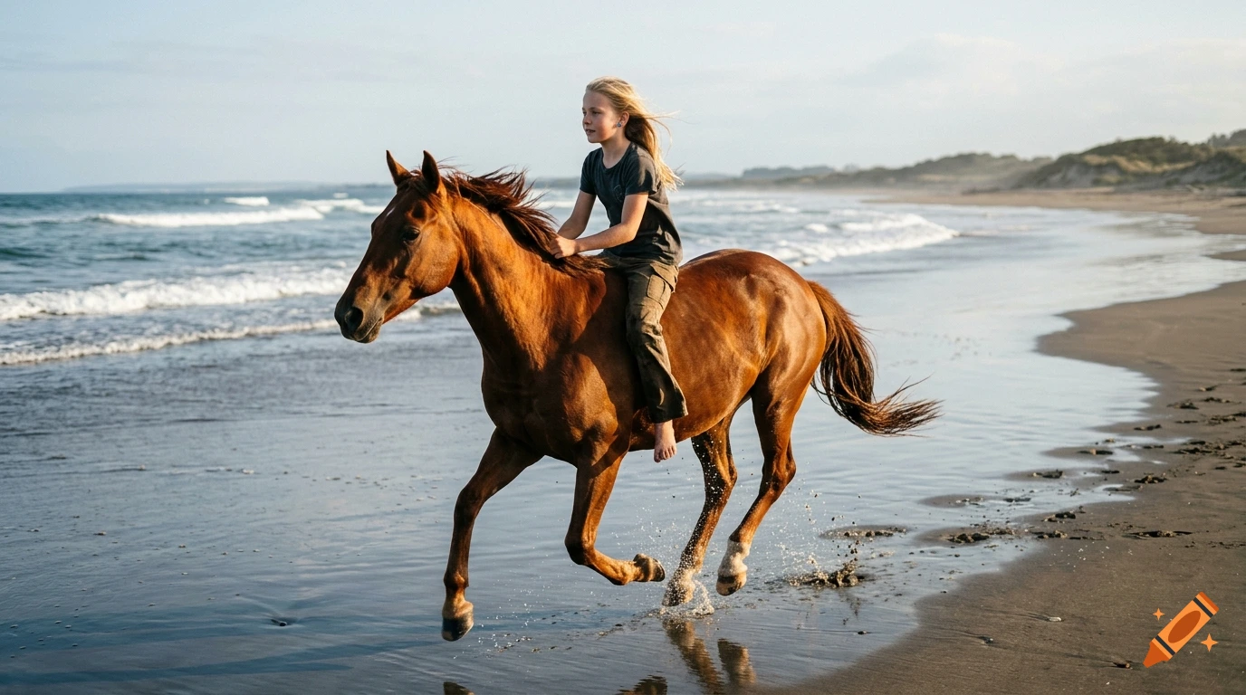 A young person with long blonde hair rides a brown horse galloping along a sandy beach near the ocean.