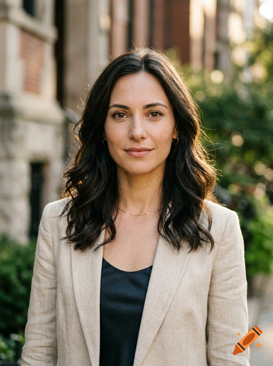 A portrait of a woman with long dark wavy hair, wearing a beige blazer over a dark top, outdoors on a city street.