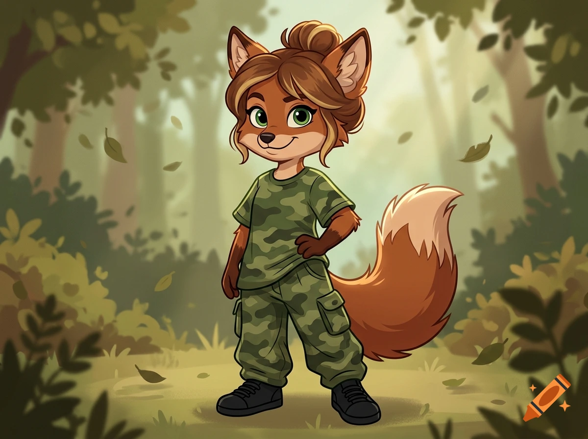 Cartoon illustration of a female fox hybrid with brown hair in a bun, wearing camo clothes and black sneakers in a forest.
