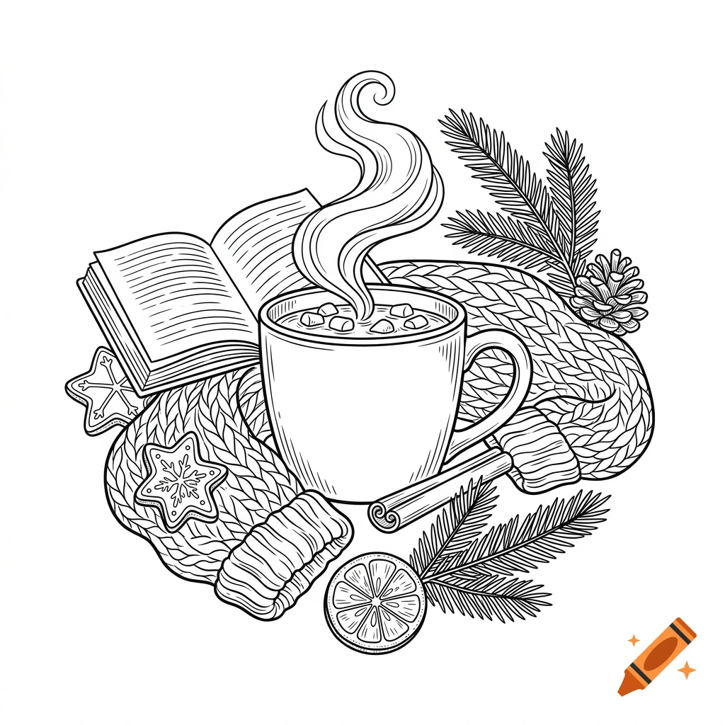Black and white line drawing of a steaming mug of hot cocoa surrounded by a cozy knitted scarf, an open book, pine branches, a pinecone, cookies, a cinnamon stick, and an orange slice.