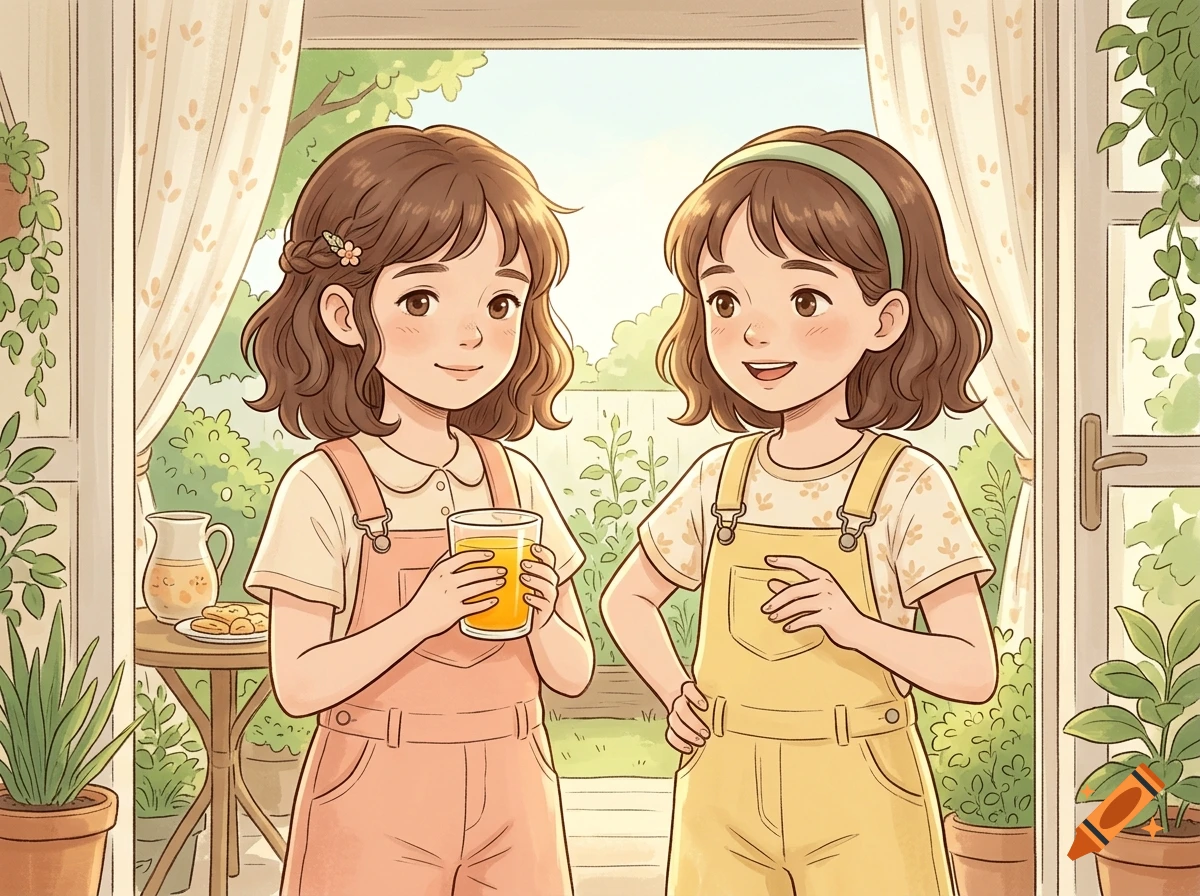 Colorful anime style drawing of two ten year old twin girls, one holding a glass of orange juice in a garden setting.