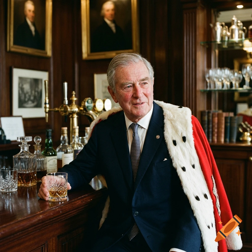 Photorealistic portrait of an older British man in a suit and a red-and-white ceremonial robe, holding a glass of whiskey at a pub bar.