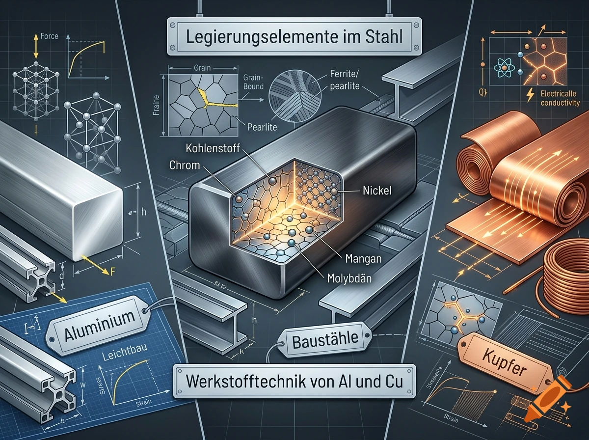 Educational diagram illustrating alloy elements in steel, aluminum, and copper with technical drawings and German labels.