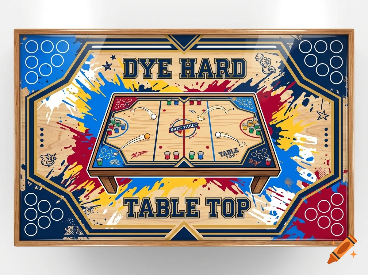An illustrated top-down view of a colorful beer pong table featuring text reading 'DYE HARD TABLE TOP' in a wooden frame.