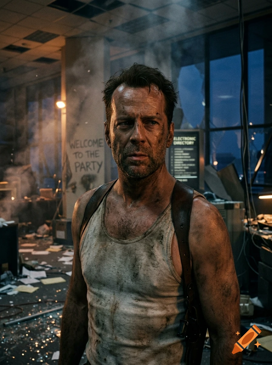 Photorealistic depiction of Bruce Willis as John McClane in a destroyed office from Die Hard, wearing a dirty tank top and shoulder holster.