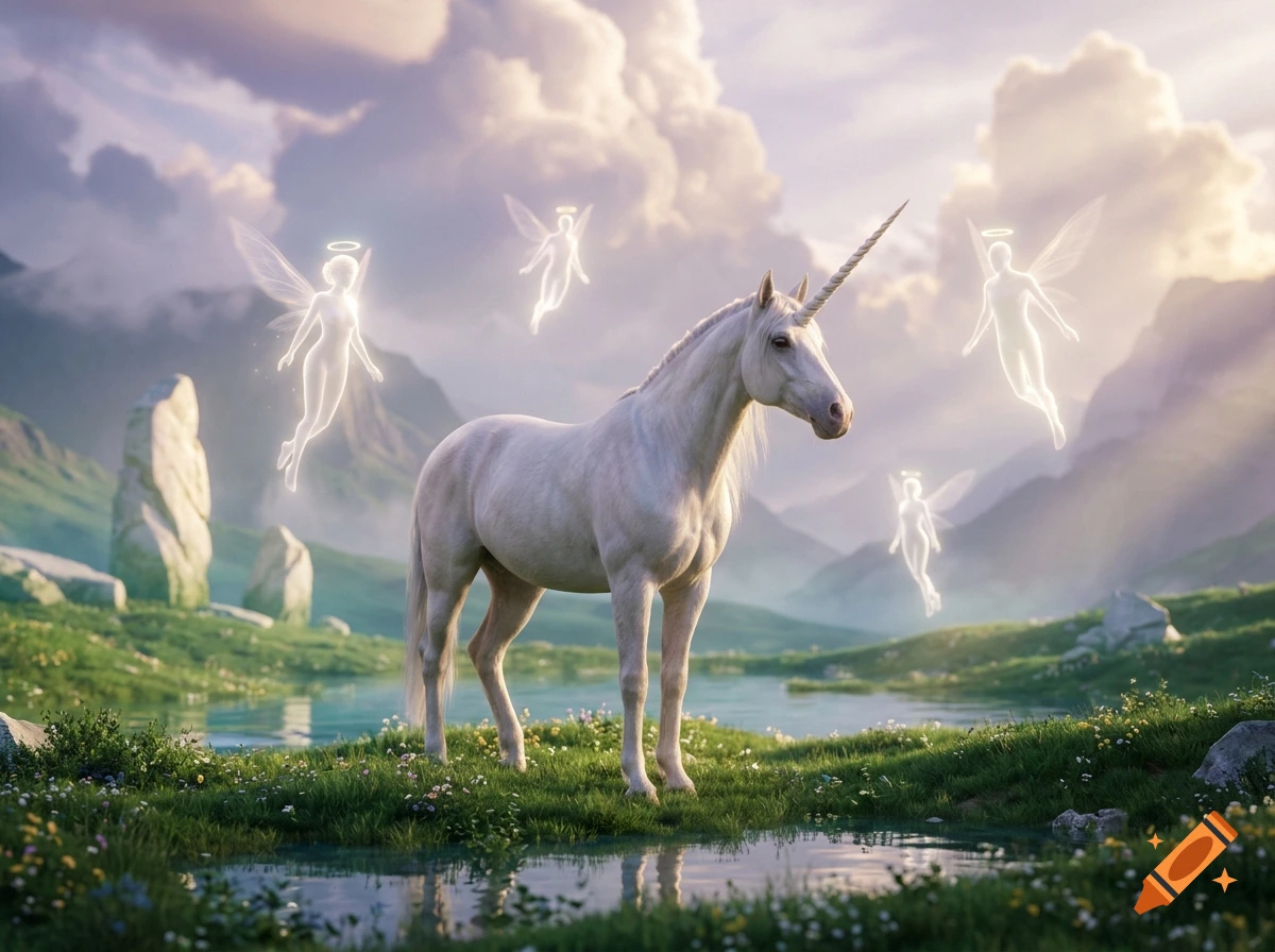 A white unicorn stands in a green meadow by a stream, surrounded by glowing fairy-like light beings in a mountain landscape.