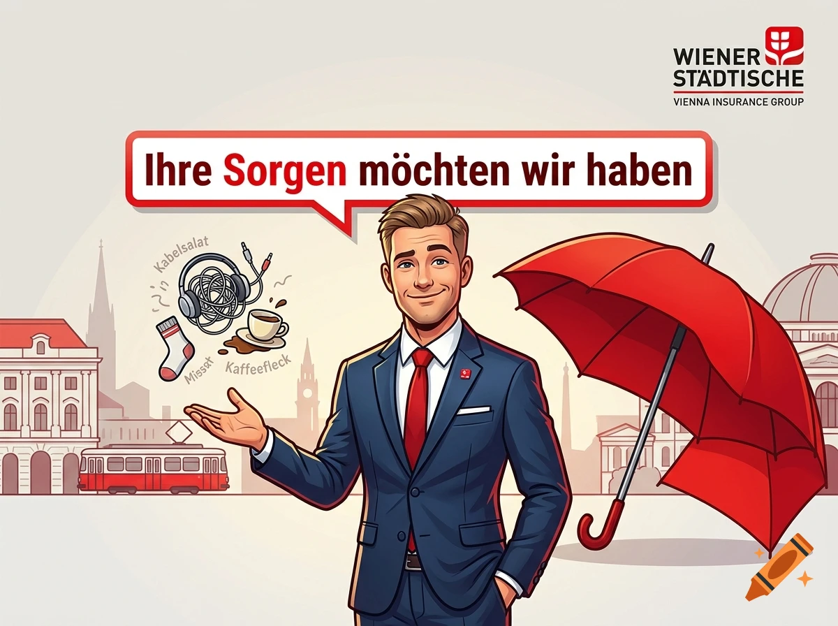 Illustrated advertisement featuring a smiling businessman in a suit, a red umbrella, and a speech bubble with German text.