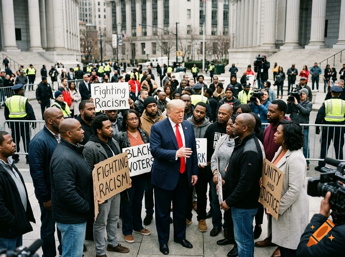 Photorealistic image of Donald Trump surrounded by a diverse crowd holding signs that read Fighting Racism and Unity.