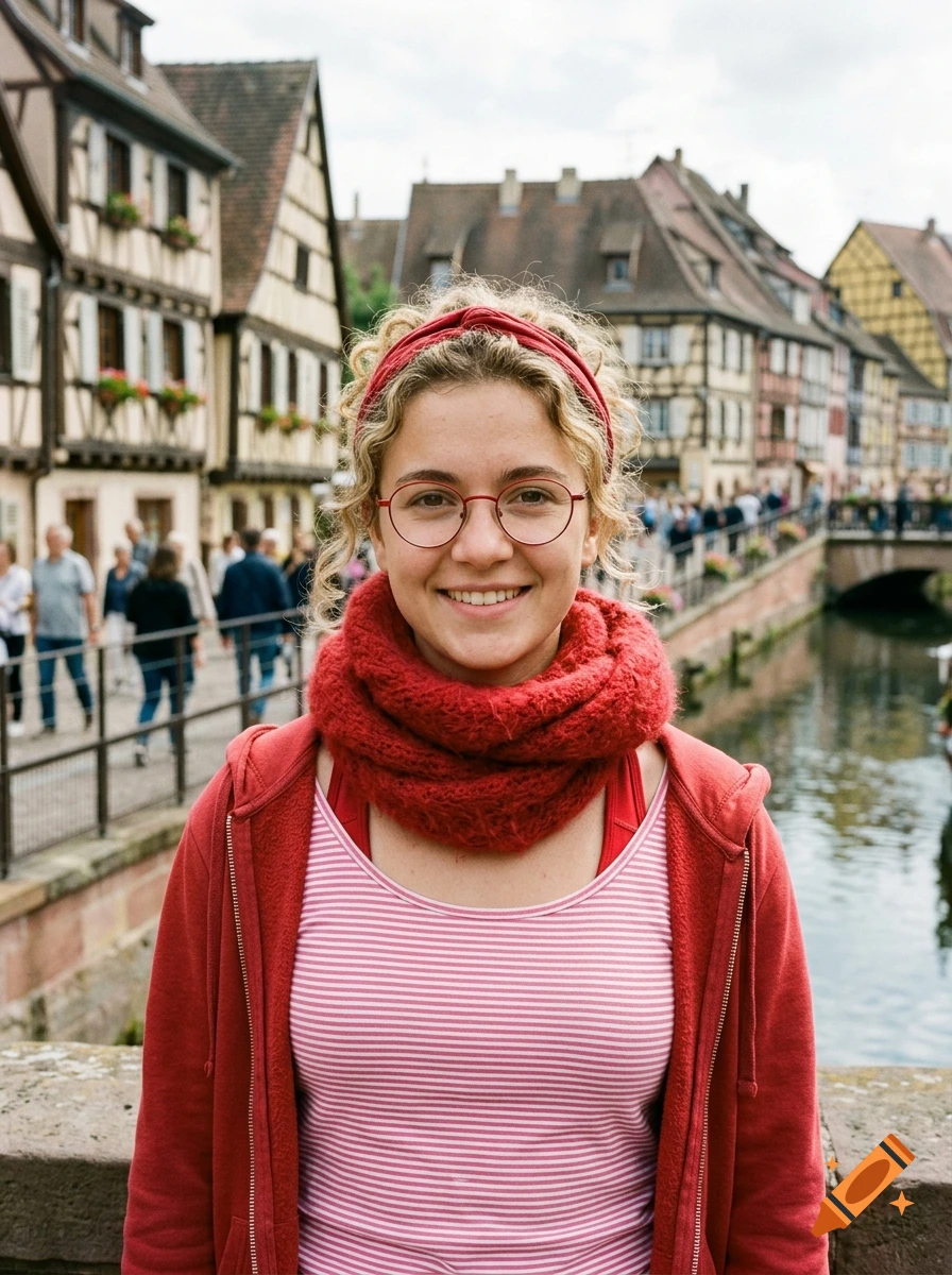 Portrait of a smiling young woman with curly blonde hair and glasses on a bridge in a European village with half-timbered houses.