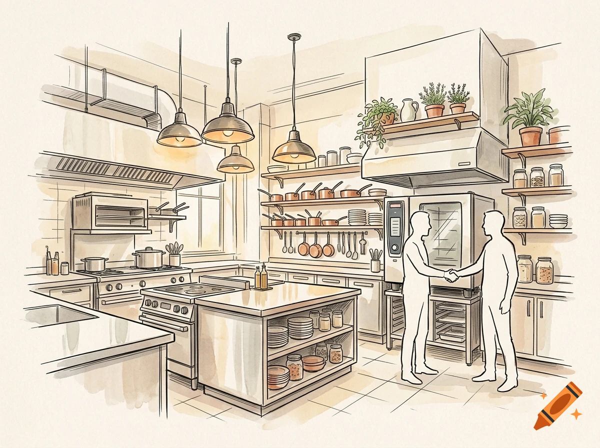 Architectural sketch of a professional restaurant kitchen with warm watercolor washes and two silhouetted figures shaking hands.