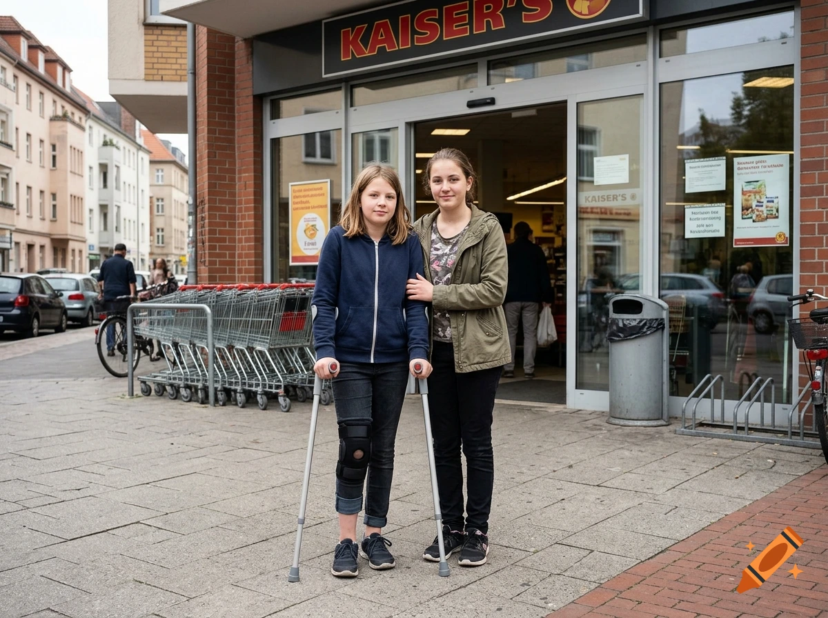 Photorealistic image of two young girls standing outside a German supermarket, one using crutches and a knee brace.
