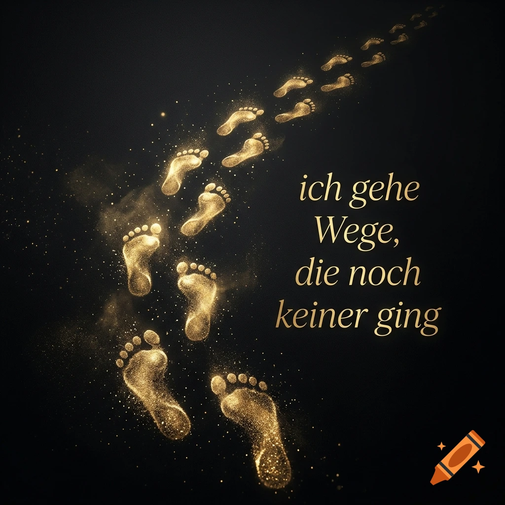 Golden footprints made of glittering dust walking across a dark background with German text.