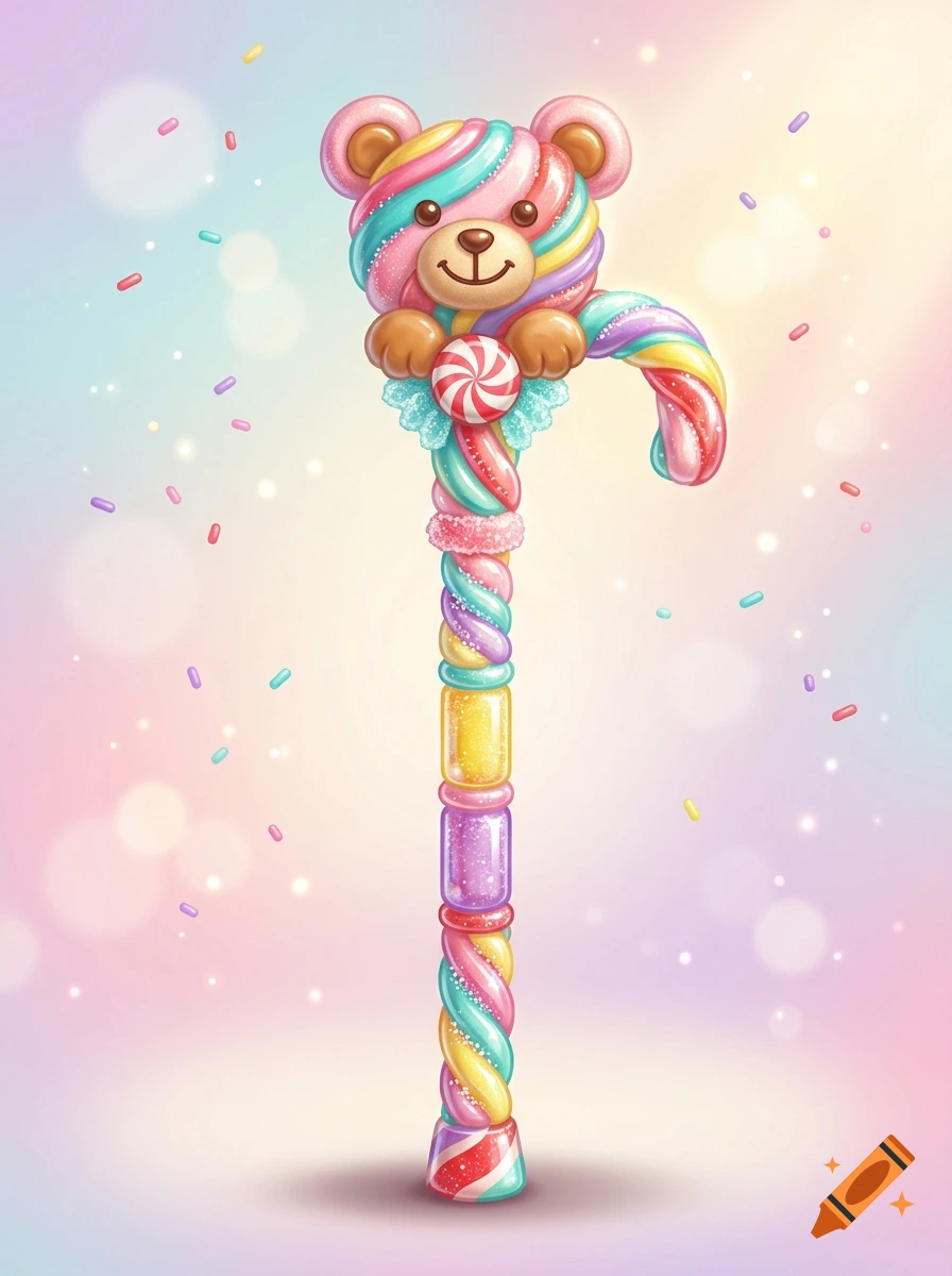Digital illustration of a whimsical walking cane topped with a colorful candy-striped teddy bear head against a pastel bokeh background.