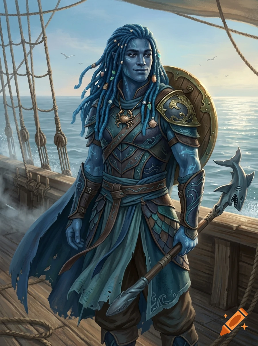 Digital painting of a blue-skinned water genasi with dreadlocks, wearing armor and holding a shark-topped quarterstaff on a ship deck.