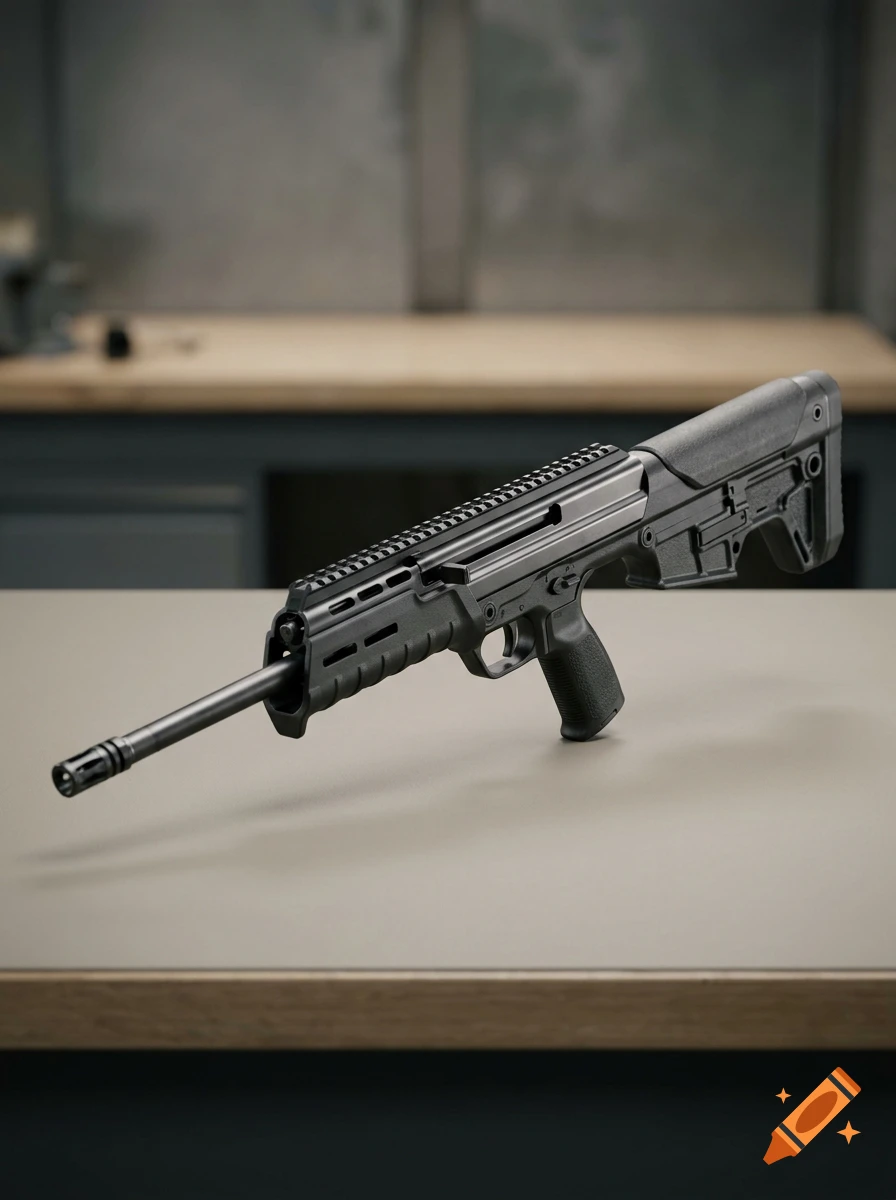 Photorealistic image of a black bullpup rifle resting on a table in a workshop.