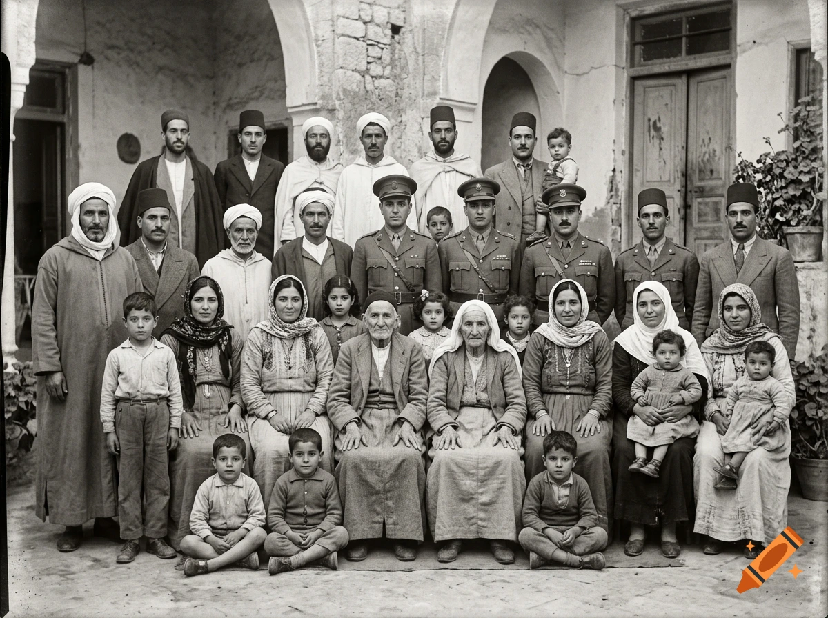 Black and white historical photograph of a large multi-generational family and military officers posing together in 1945.