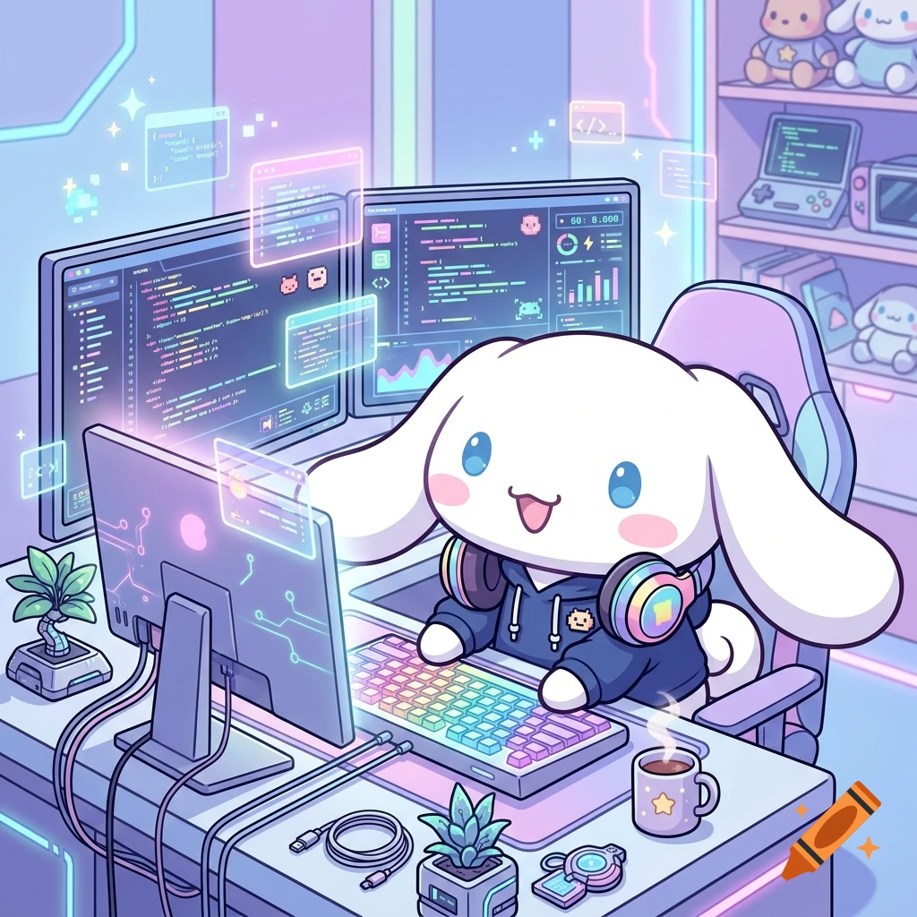 Anime illustration of Cinnamoroll sitting at a futuristic gaming desk with multiple monitors displaying code.