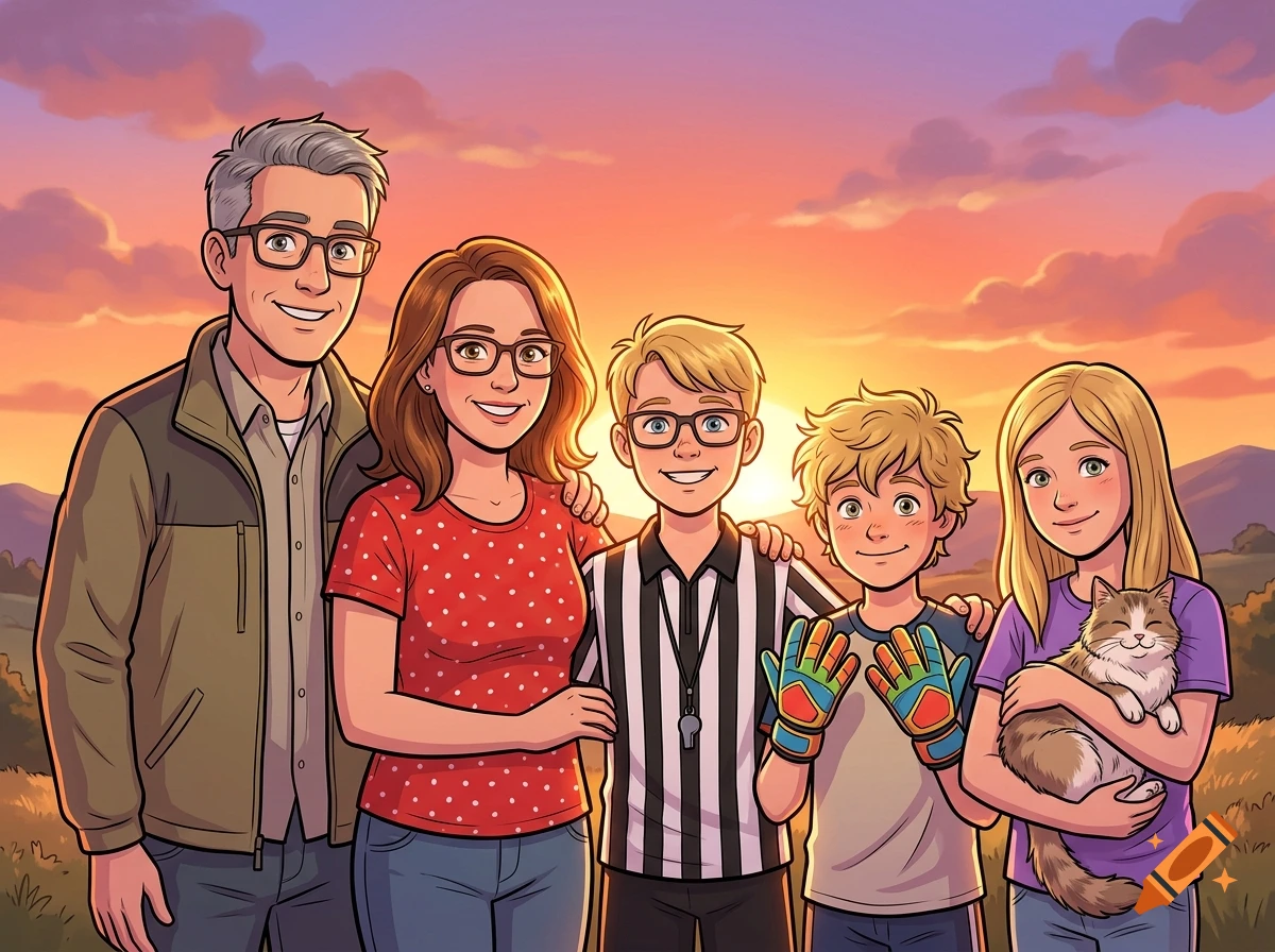 Comic style illustration of a family of five with a cat standing outdoors during sunset.