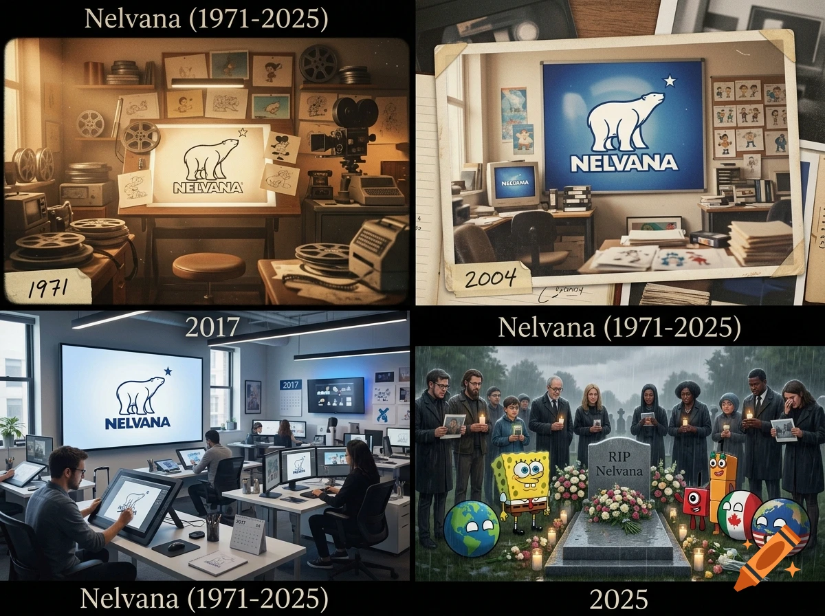 A four-panel satirical collage showing the timeline of Nelvana from 1971 to a fictional funeral in 2025 attended by cartoon characters.