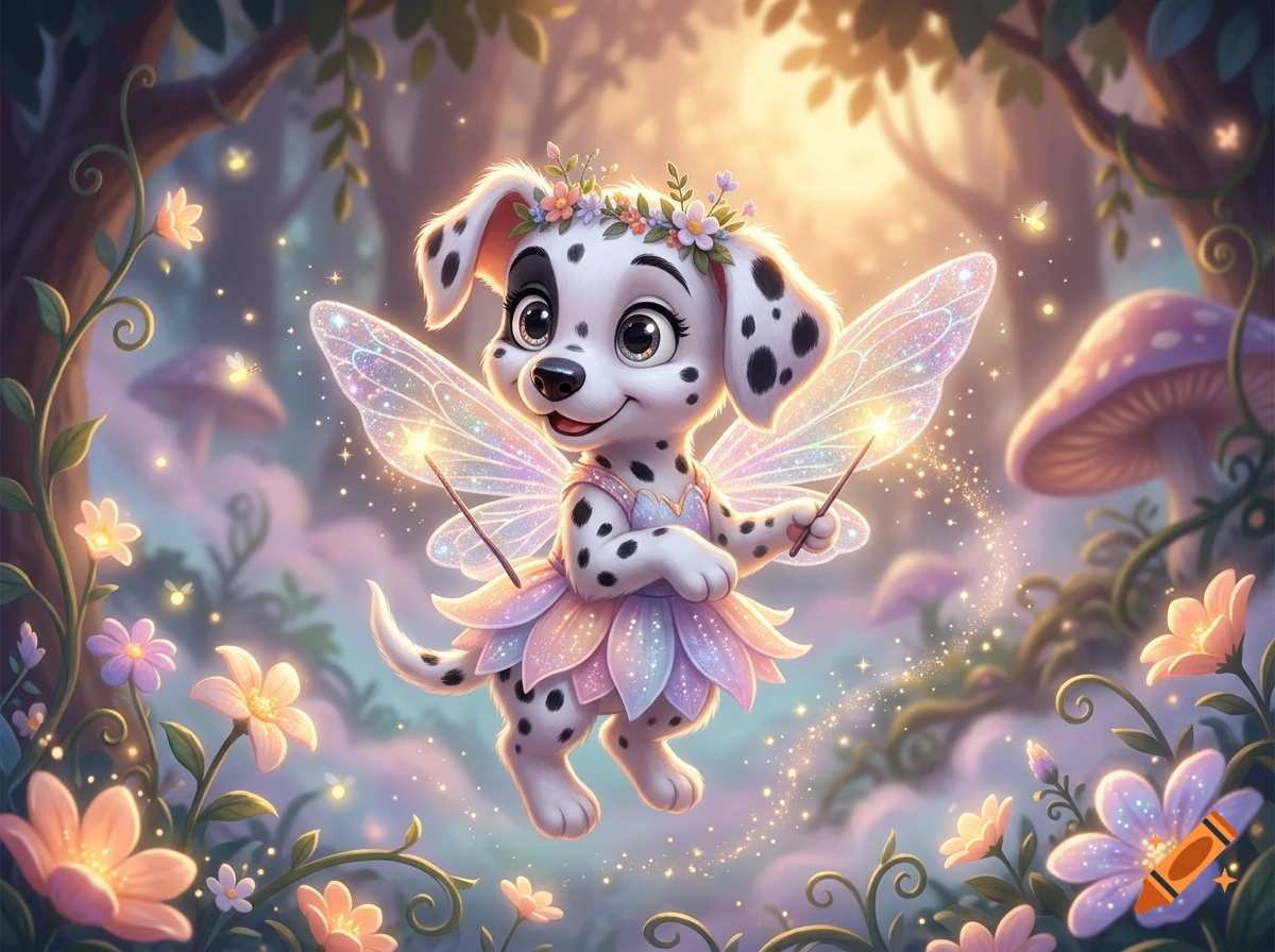 An adorable Disney-style Dalmatian puppy with sparkly fairy wings, a flower crown, and a tutu, flying in an enchanted forest.